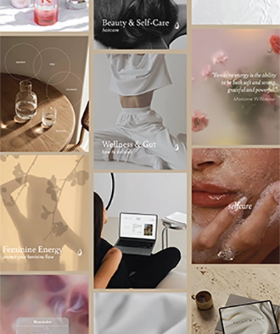Grid of Butter & Glow Instagram posts in soft neutral tones, covering beauty, self-care, wellness and feminine energy
