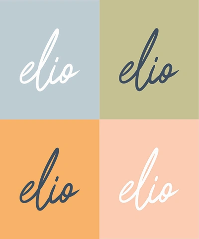 The elio logo placed on different brand colour backgrounds
