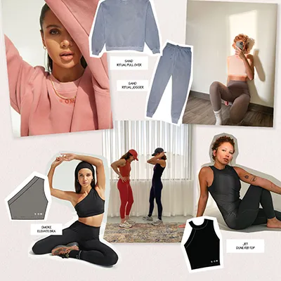 Product collage of models in SOM Active loungewear and activewear, with cut-out garments labelled by name